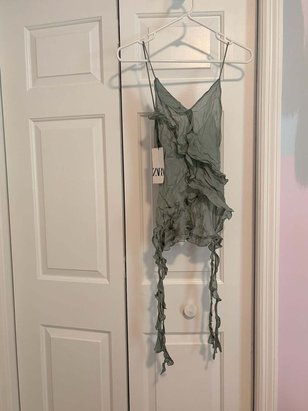 ZARA NEW STRAPPY SEMI-SHEER TOP RUFFLES Green XS 2625/342 mermaid style